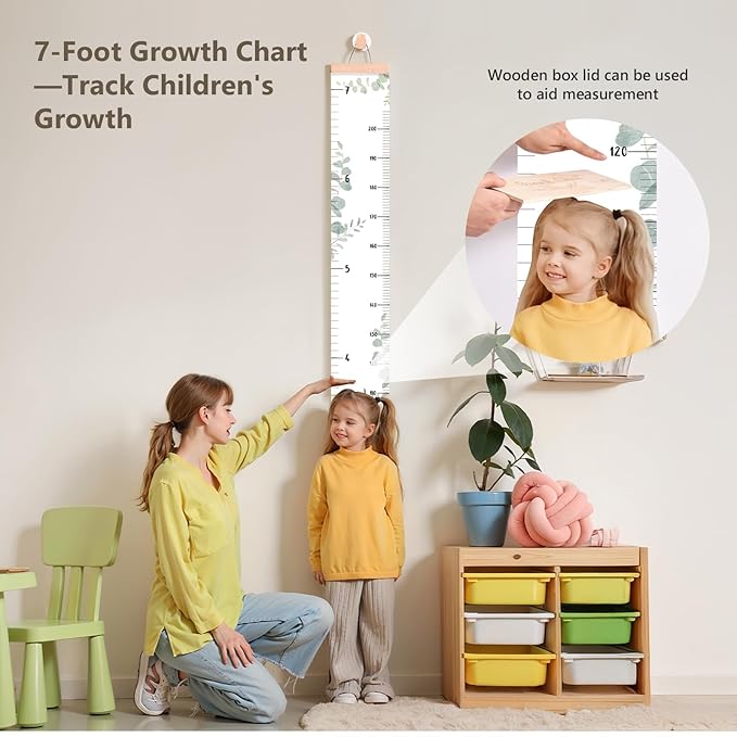 Growth Chart for Wall 7 Ft Height Chart with Keepsake Box & Hook Waterproof Canvas Measure Wall Ruler Removable Neutral Nursery Wall Decor for Baby Kids Toddlers-Ruum Studio Home