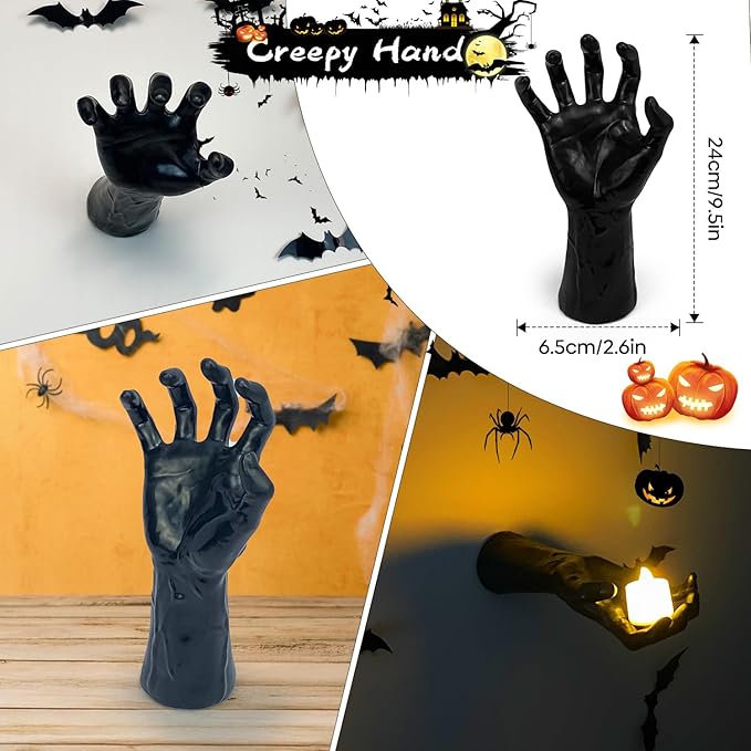 Halloween Decor Indoor, 4 Packs Creepy Reaching Hands with LED Candles, Life-Sized Gothic Wall Decor for Horror Decor, Spooky Halloween Decorations for Home, Party, Goth & Dark Academia Style-Ruum Studio Home