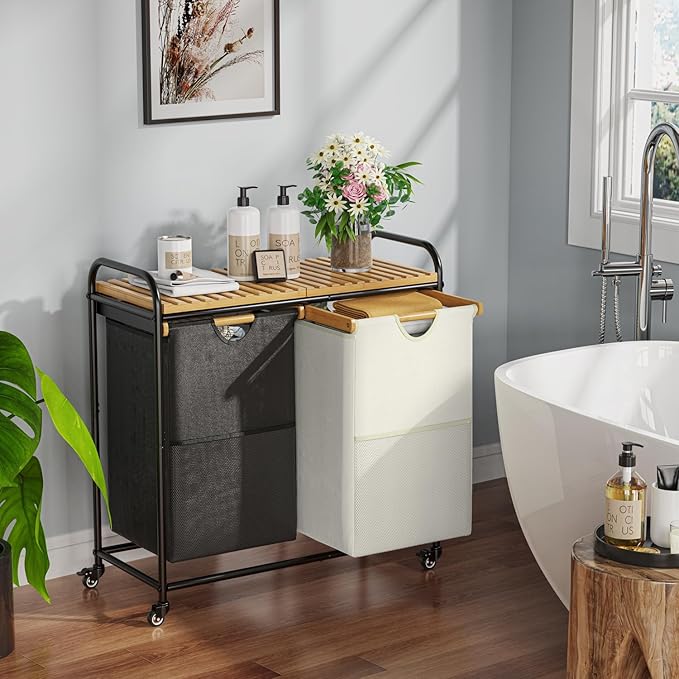 Laundry Hampers 2 Section, Laundry Sorter with Removable Shelf and Pull-Out Bags, Clothes Hampers with Wheels Rolling Cart Basket for Laundry Room Bathroom, 2 x 50 L (Black White)-Ruum Studio Home