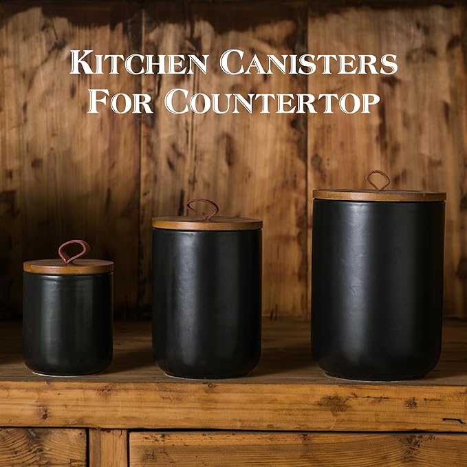 JOJUNO Black Ceramic Canister Set with Wooden Lid, 3-Piece Airtight Food Storage Jars for Kitchen Counter - Flour, Sugar, Coffee, Tea, Spice - Small, Medium, Large Sizes-Ruum Studio Home