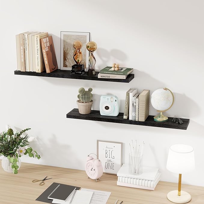 Fun Memories 36Inch Floating Shelves for Wall 2 Pack Wood Shelves for Kitchen, Bathroom, Bedroom Wall Mounted Rustic Wood Floating Shelf with Invisible Brackets for Books, Storage, Decor, Black-Ruum Studio Home