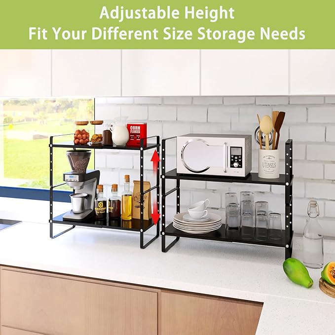 Expandable Cabinet Shelf Organizer Rack, Stackable Kitchen Counter Storage Shelves Stand, Adjustable Height Pantry Shelf Spice Rack (Black, 1 Pack)-Ruum Studio Home