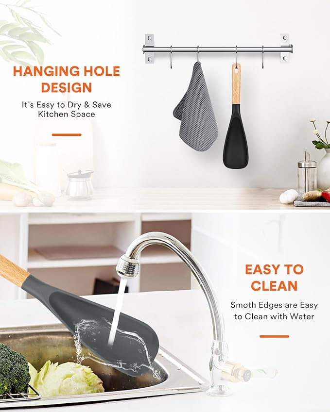 Cooking Spoon for Nonstick Cookwares, Great for Cooking and Serving Sturdy BPA-Free Matte Silicone, Wood Handle Spoon for Mixing, Scoop, and Scrape (Black & Grey, 11.4 inch)-Ruum Studio Home