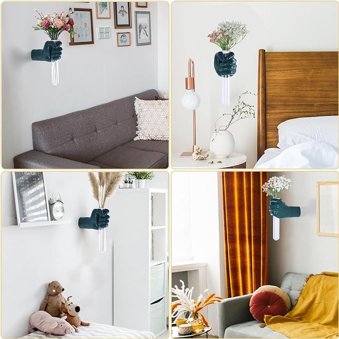 Green Wall Sculptures, Hand Vases Home Decor, Wall Mount Art Sculpture, Unique Wall Art Statue, Funky Flower Vase Decorations, Modern Eclectic Hanging Decor,Glass Test Tube Vase-Ruum Studio Home