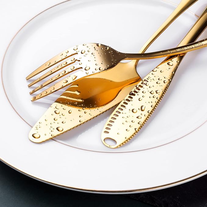 Gold Serving Utensils, OGORI 15-Piece Stainless Steel Gold Serving Utensils Set Include Serving Spoons, Slotted Serving Spoons, Serving Tongs, Serving Forks, Butter Knife, Soup Ladle, Pie Server-Ruum Studio Home