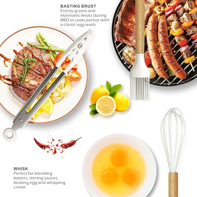Silicone Cooking Utensils Set - 446°F Heat Resistant Silicone Kitchen Utensils for Cooking,Kitchen Utensil Spatula Set w Wooden Handles and Holder for Non-Stick Cookware, BPA FREE (Cream White)-Ruum Studio Home