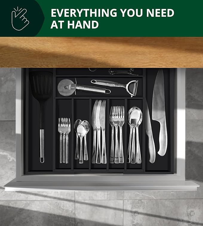 ROYAL CRAFT WOOD Luxury Bamboo Kitchen Drawer Organizer - Silverware Organizer - Utensil Holder and Cutlery Tray with Grooved Drawer Dividers for Flatware and Kitchen Utensils (9 Slot, Black)-Ruum Studio Home
