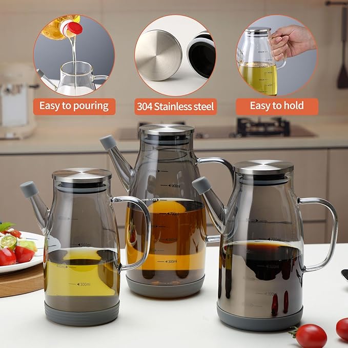 Large Glass Oil Dispenser Bottle for Kitchen Cooking Recipiente Para Aceite De Cocina Olive Oil Vinegar Dispenser Cruet Stainless Steel Lid No Drip Liquid Container (Grey, 20oz / 600ml)-Ruum Studio Home
