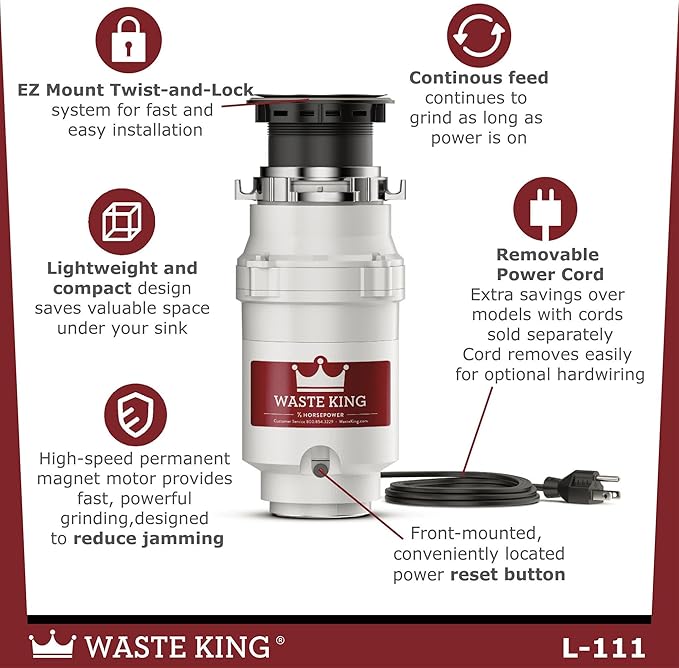 Waste King Garbage Disposal for Kitchen Sink with Power Cord, Compact Food Waste Disposer, L-111-Ruum Studio Home