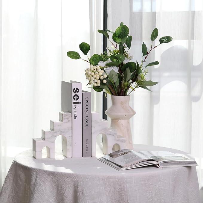 Natural Marble Book Ends for Shelves, Decorative Bookends for Heavy Books, CastleGuard Bookend Book Holder Stopper for Home Office Desk Bookshelf Decoration, Set of 2 (Oriental Calacatta)-Ruum Studio Home