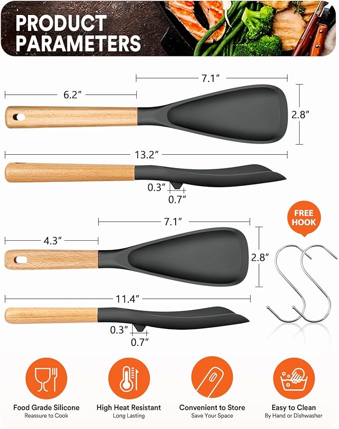 Multifunction Spatula Spoon for Nonstick Cookwares, Great for Cooking and Serving, Sturdy BPA-Free Matte Silicone, Wood Handle Spatula for Mixing, Scoop, and Scrape, Grey(2 pack,11.4" & 13.4")-Ruum Studio Home
