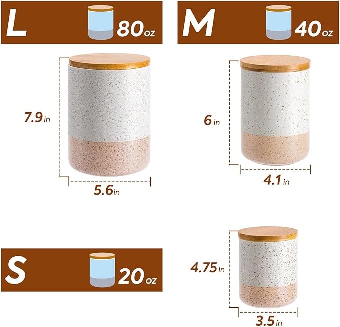 Yangbaga Canister Sets for Kitchen Counter, 80/40/20 OZ Large Ceramic Food Storage Jars with Airtight Wood Lids, Large Kitchen Canisters for Coffee, Sugar, Tea, Flour, Spice-Ruum Studio Home