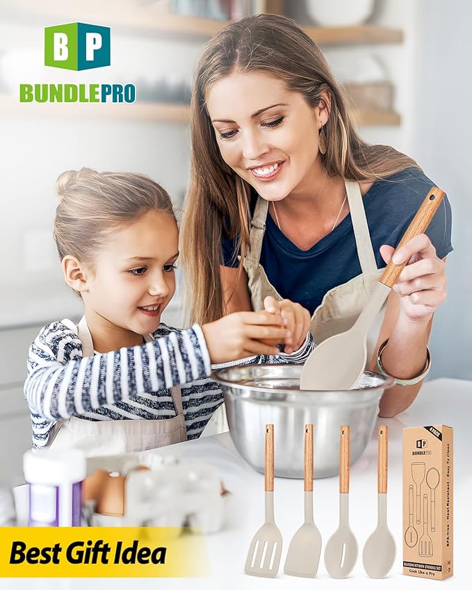 Pack of 4 Silicone Cooking Utensils Set, Non Stick Solid Spatulas and Heat Resistant Slotted Spoons with Wooden Handle, Ideal Wood Kitchen Utensils Set for Frying,Serving,Turning,Stirring (KHAKI)-Ruum Studio Home