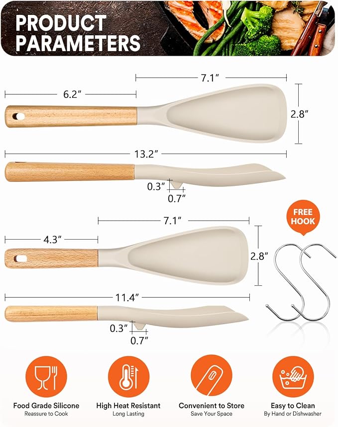 Multifunction Spatula Spoon for Nonstick Cookwares, Great for Cooking and Serving, Sturdy BPA-Free Matte Silicone, Wood Handle Spatula for Mixing, Scoop, and Scrape, Khaki(2 pack,11.4" & 13.4")-Ruum Studio Home
