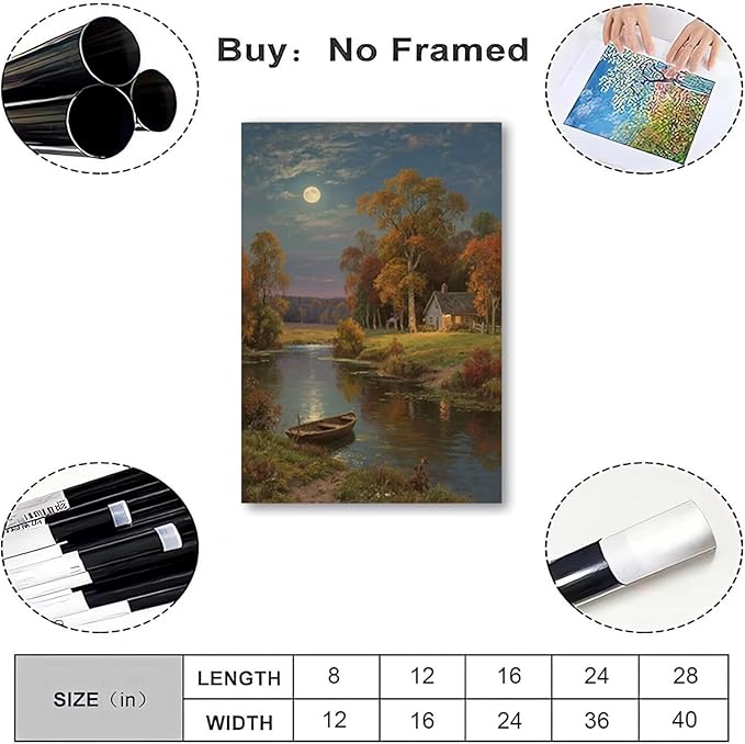 Small house by the stream under the moonlight tranquil style suitable for living room bedroom and office landscape poster wall art-Ruum Studio Home