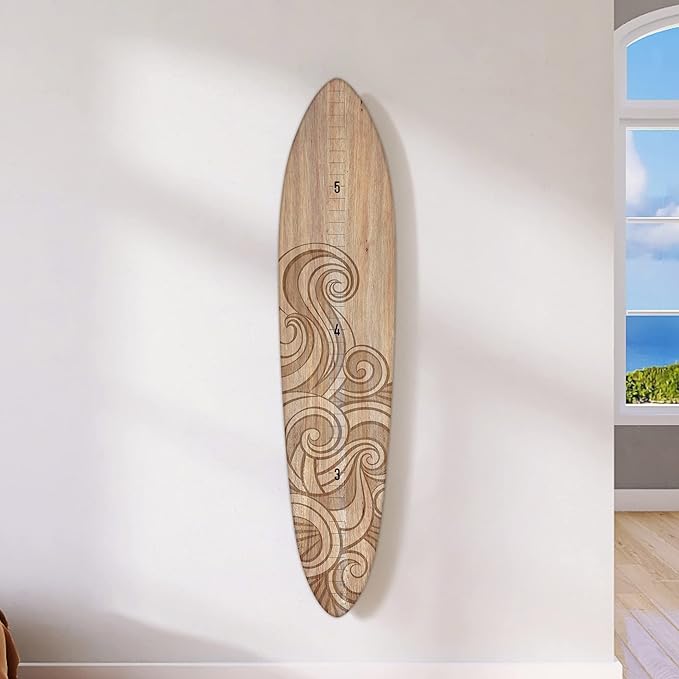Wooden Surfboard Wall Decor Growth Chart - Surfboard Art Decor for Kids Room, Wood Surfboard Kids Sizing Chart, Surf Boards Art, Height Board Surfer Decor - Brown Wave (9.5"x 46")-Ruum Studio Home