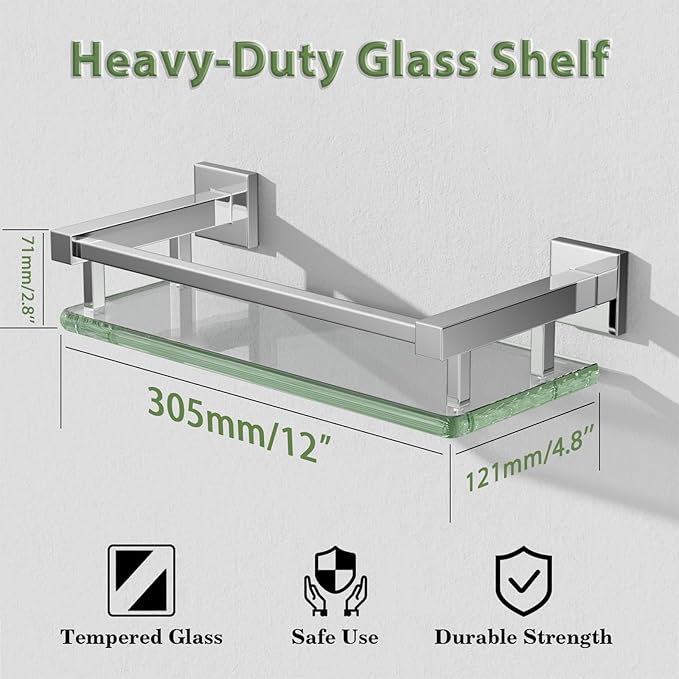Alise Glass Shelves for Bathroom Wall, Tempered Glass Bathroom Shelf Wall Mounted, Modern Space Saving Floating Shelves 12 inch, Polished Chrome-Ruum Studio Home