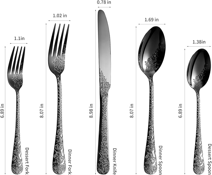 Floral 40 Pcs Black Silverware Set for 8, Food Grade Stainless Steel Flatware Set with Rose Flower Embossed Design, Eating Utensils Sets Include Fork/Knife/Spoon, Reusable Cutlery Set, Dishwasher Safe-Ruum Studio Home