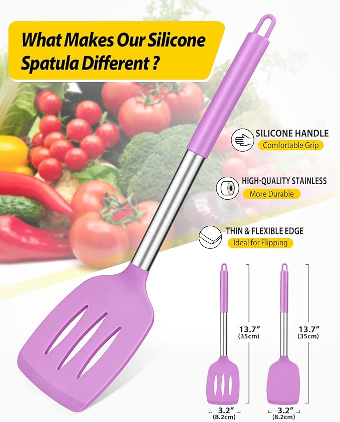 Pack of 2 Silicone Solid Turner, Non Stick Slotted Kitchen Spatulas, High Heat Resistant BPA Free Cooking Utensils, Ideal Cookware for Fish, Eggs, Pancakes(Purple)-Ruum Studio Home