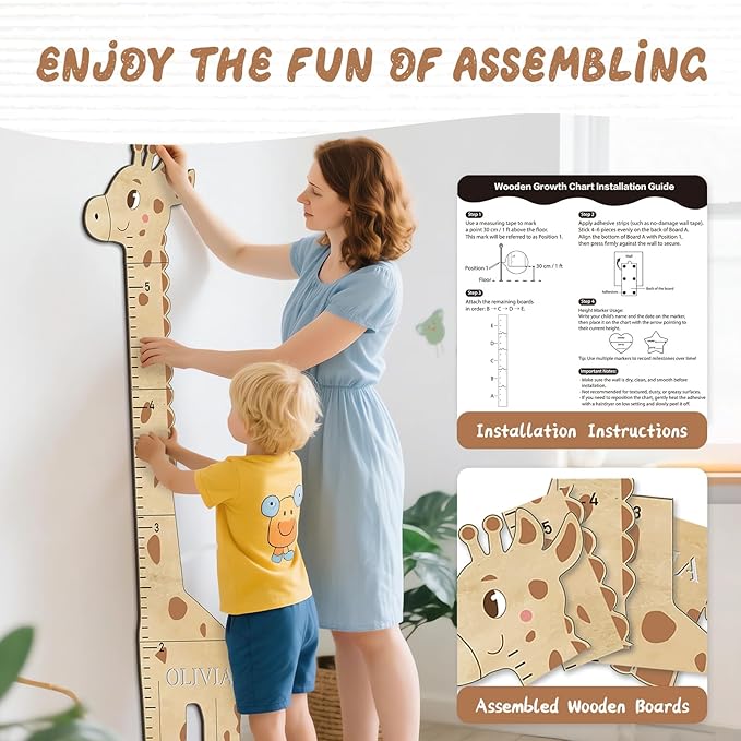 Personalized Name Kids Growth Chart for Wall, Cute Giraffe Wooden Growth Chart Kids Height Chart, Wall Measurement for Kids, Height Chart for Wall, Growth Ruler for Children-Ruum Studio Home