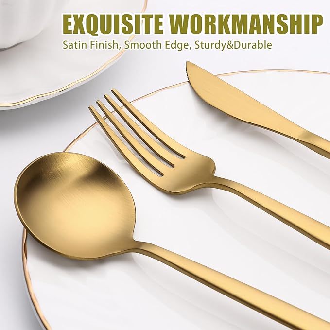20 Piece Gold Silverware Set for 4, Terlulu Stainless Steel Flatware Set, Gold Cutlery Set Utensils Set, Tableware Include Forks Knives Spoons for Home Kitchen Restaurant Wedding, Satin Finish-Ruum Studio Home