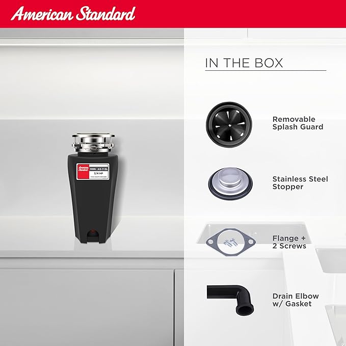 American Standard 10-US-AS-7-SL Garbage Disposal Anti-Jam Stainless Steel Food Waste Grinding System, Slim Line, 3/4 HP, Black-Ruum Studio Home