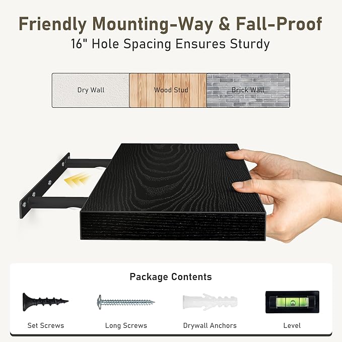 Fun Memories 32 Inch Floating Shelves Wall Shelf Set of 3, Black Bathroom Shelves 32 Inch, Farmhouse Home Decor Living Room, Kitchen Black Shelves for Wall, 32 x 6.7 x 1.4 Inch-Ruum Studio Home