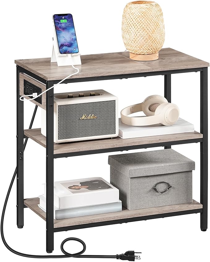 HOOBRO End Table with Charging Station, Simple Rustic Side Table with 3-Tier Storage Shelf, Narrow Nightstand for Small Spaces, for Living Room, Industrial Design, Greige and Black BG149UBZ01