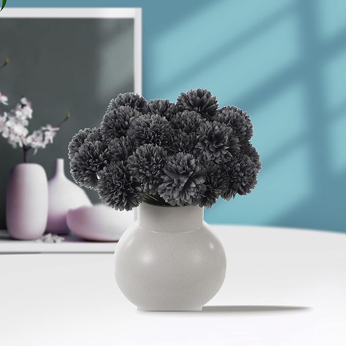 Kimura's Cabin 20Pcs Faux Mums Flowers Artificial Silk Chrysanthemums Fake Ball Flower for Halloween Fall Home Kitchen Table Decor Arrangement Decoration Bouquets (Grey Black)-Ruum Studio Home