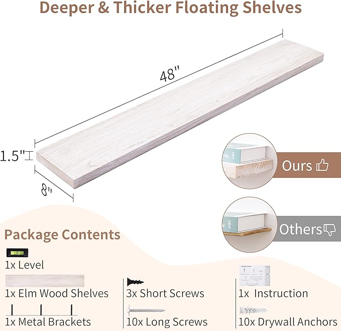 Axeman Floating Shelves for Wall, Rustic Elm Wood 48''W x 8" D Wall Shelf with Invisible Bracket, Large Long Wall Mounted Storage Shelves for Living Room, Bedroom, Kitchen, Bathroom Decor, White Wash