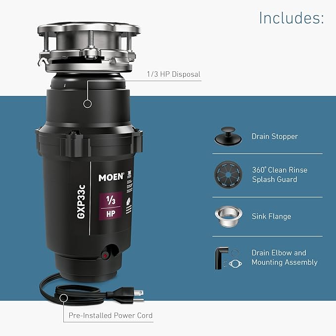 Moen Lite Series PRO Compact Continuous Feed Garbage Disposal for Kitchen Sink with Power Cord, GXP33C-Ruum Studio Home