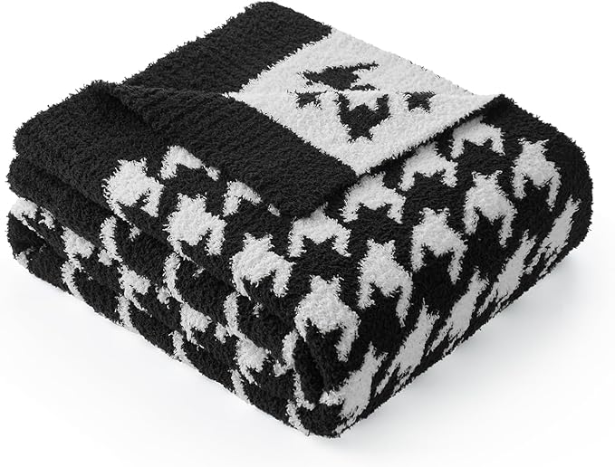 Snuggle Sac Houndstooth Throw Blanket for Couch, Reversible Super Soft Warm Blankets Cozy Knit Fuzzy Plush Lightweight Throws for Sofa, Bed, Camping, Black,50x60 inches-Ruum Studio Home
