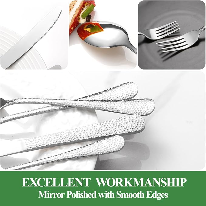 20 Pcs Silverware Set for 4 with Hammered Design, Food Grade Stainless Steel Flatware Set, Eating Utensils Sets Include Fork/Knife/Spoon, Reusable Cutlery Set, Dishwasher Safe-Ruum Studio Home