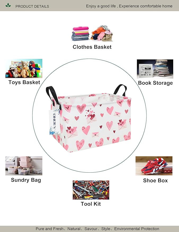 Rectangular Folding Laundry Basket,waterproof Canvas Basket,gift basket,Suitable for children's room,Office,Clothes,Toys Storage(Pink Love)-Ruum Studio Home