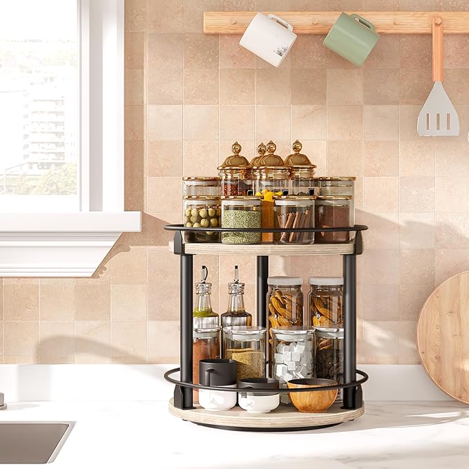 Lazy Susan Organizer, Rotating Spice Rack, 2 Tier Spice Turntable Organizer, Industrial Turntable Spice Holder, for Kitchen Countertop and Cabinet, Compact and Versatile, Greige SR22BG-Ruum Studio Home