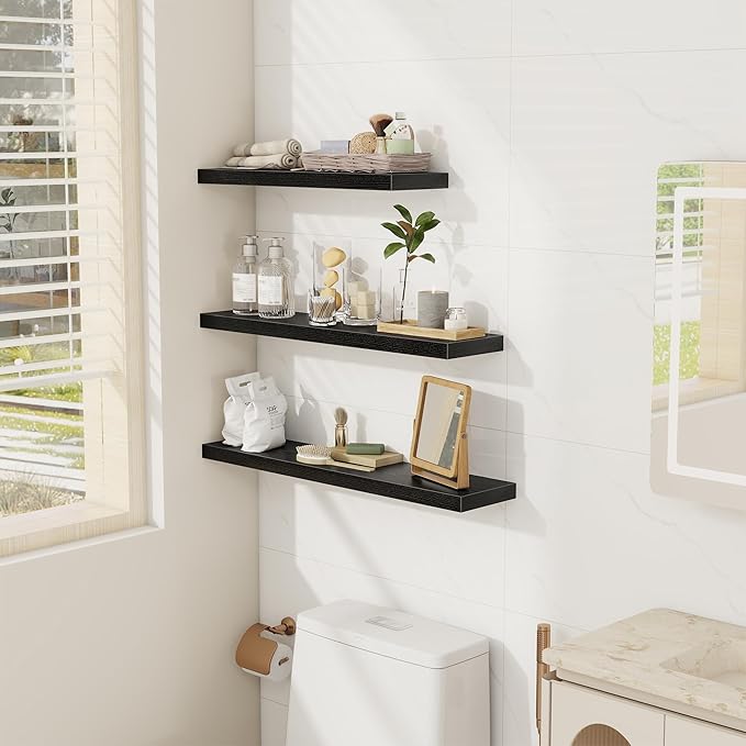 Fun Memories 32 Inch Floating Shelves Wall Shelf Set of 3, Black Bathroom Shelves 32 Inch, Farmhouse Home Decor Living Room, Kitchen Black Shelves for Wall, 32 x 6.7 x 1.4 Inch-Ruum Studio Home