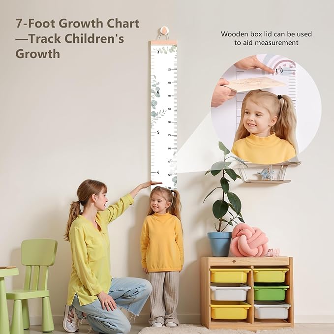 Growth Chart for Wall 7 Ft Height Chart with Keepsake Box & Hook Waterproof Canvas Measure Wall Ruler Removable Neutral Nursery Wall Decor for Baby Kids Toddlers-Ruum Studio Home