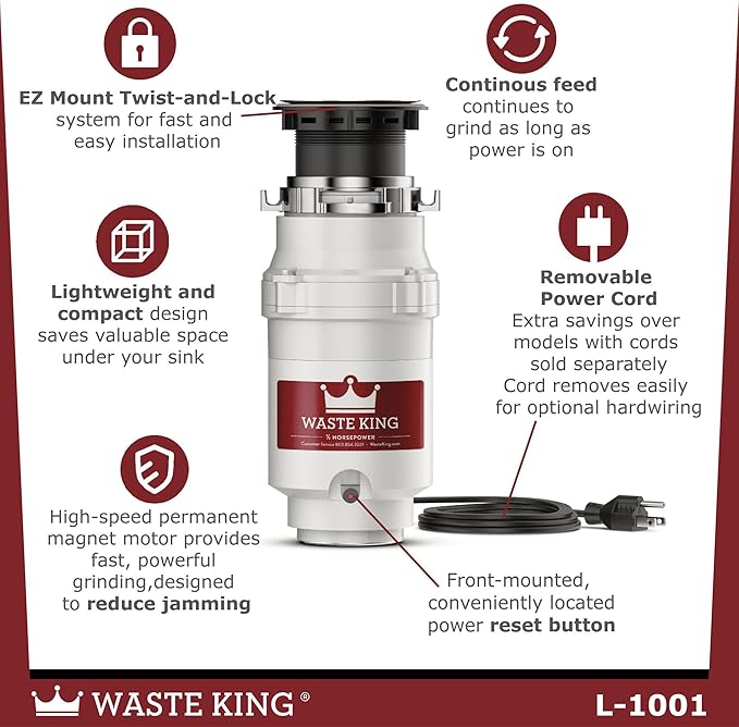 Waste King Garbage Disposal for Kitchen Sink with Power Cord, L-1001-Ruum Studio Home