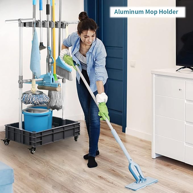 Broom And Mop Holder Put Wet Mops Movable Floor-Mounted Mop Rack Floor Standing Cleaning Tool Cart Storage For Garden Garage Schools, Hospitals, Factories, Hotels,Property Companies (12racks)-Ruum Studio Home