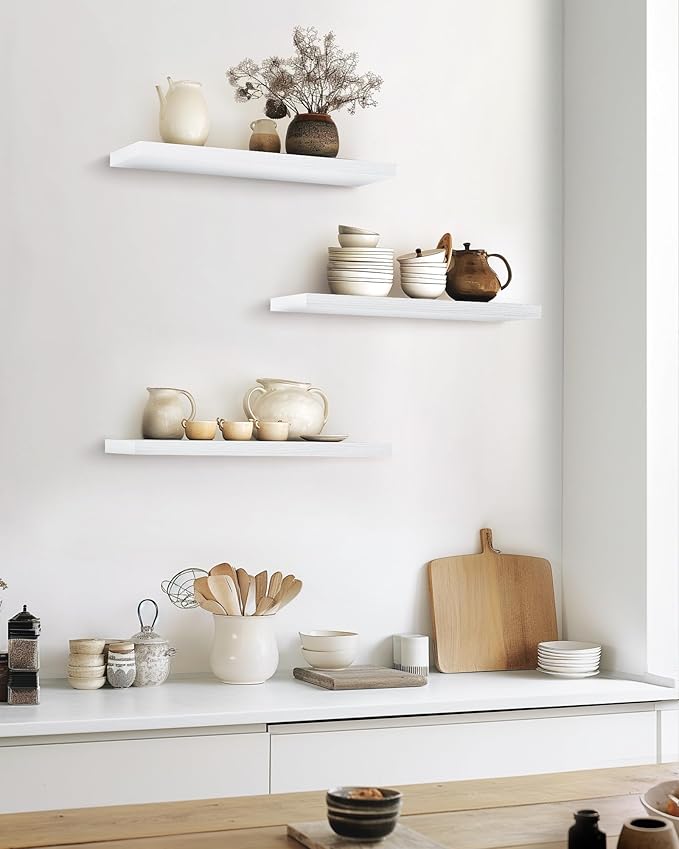 BAYKA Floating Shelves for Wall, 22.5 inches Wall Mounted Rustic Wood Shelves for Bathroom, Bedroom, Living Room, Floating Shelves for Books/Storage/Decor (White,Set of 3)-Ruum Studio Home