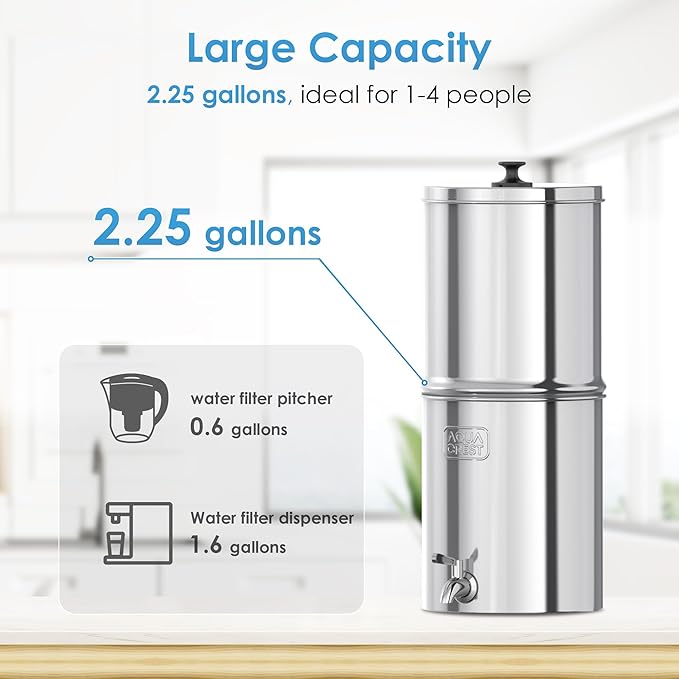 AQUA CREST Gravity Water Filter System, NSF/ANSI 42&372 Certified Black Carbon Filters, Reduce Lead and Up to 99% Chlorine, 2.25G, for Home, Camping, RVing, Off-Grid, Emergencies, AQ-TN-A-Ruum Studio Home