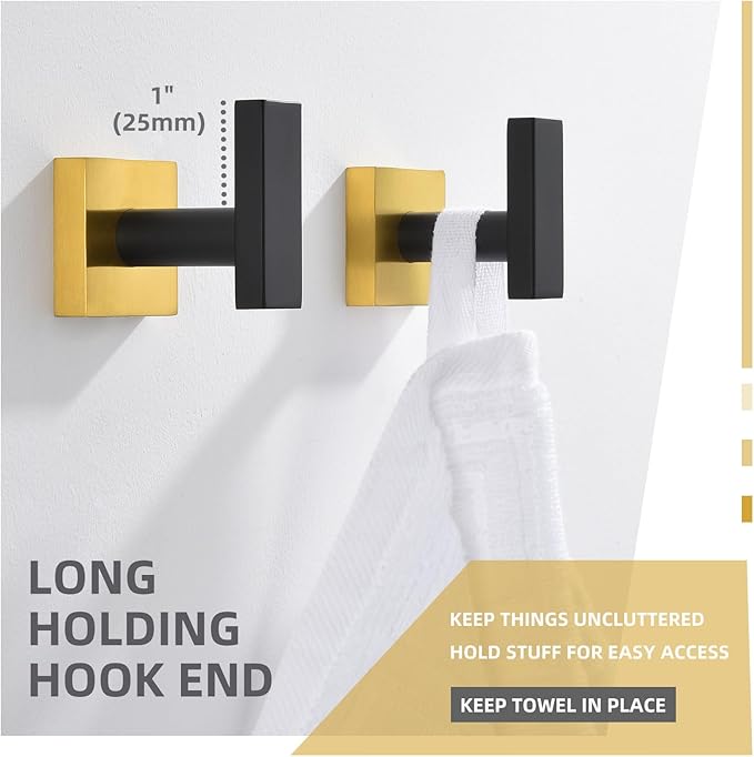 Angle Simple Bathroom Towel Hook 2 Pack, SUS 304 Stainless Steel Bath Robe Coat Holder Wall Mounted, Black & Gold-Ruum Studio Home
