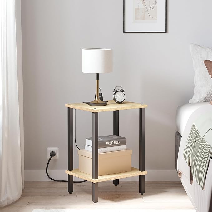 TUTOTAK End Table with Charging Station, Set of 2, Small Side Table with Outlets, Nightstand Bedside Table, 2-Tier Storage Shelf for Small Space, Living Room, Bedroom Oak TB01BO041-Ruum Studio Home