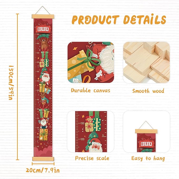 Personalized Name Growth Chart Wall Decor for Kids – Canvas Removable Height Chart Measuring Ruler 59" x 7.9" (Santa Claus Gifts)-Ruum Studio Home