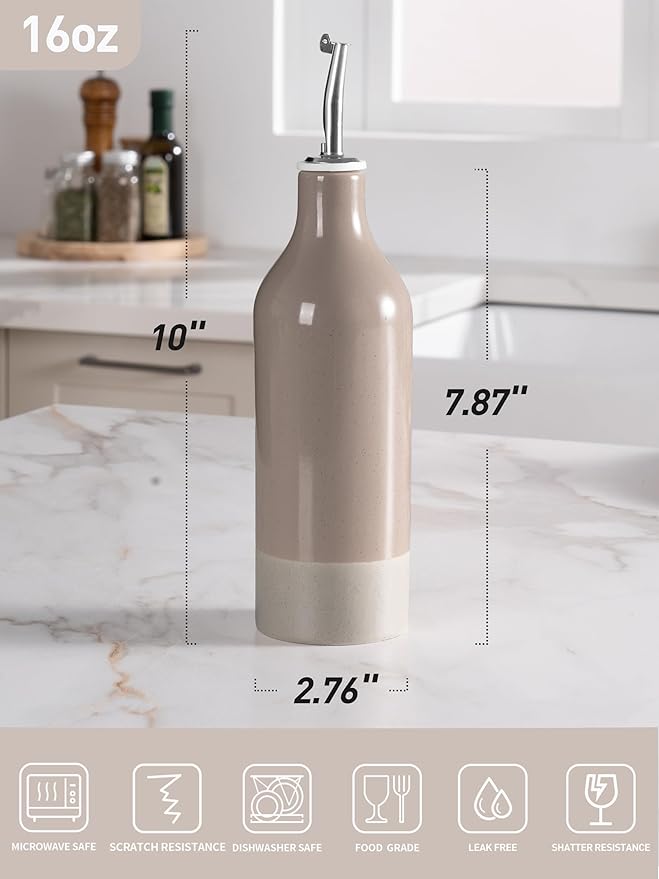 famiware Milkyway 16oz Ceramic Olive Oil Dispenser Bottle, 1 Piece Oil Dispenser for Kitchen with Stainless Steel Pourers, Suitable for Storage Vinegar, Soy Sauce, Coffee Syrup, Cinnamon Brown-Ruum Studio Home