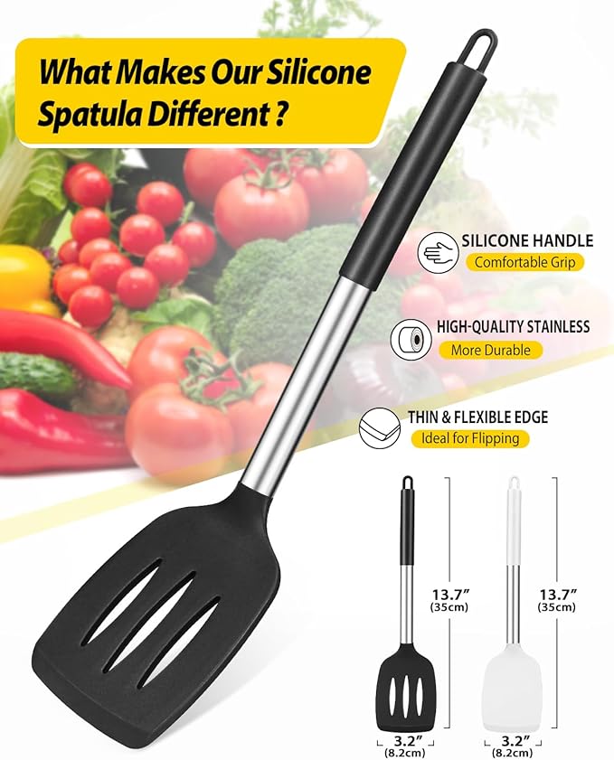 Pack of 2 Silicone Solid Turner, Non Stick Slotted Kitchen Spatulas, High Heat Resistant BPA Free Cooking Utensils, Ideal Cookware for Fish, Eggs, Pancakes(Black-White)-Ruum Studio Home