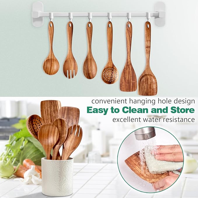 Wooden Spoons for Cooking 6 Piece - Natural Teak Wood Kitchen Utensils Set - Smooth Finish Soft Comfort-Grip Safe for Nonstick By HOWHONG-Ruum Studio Home