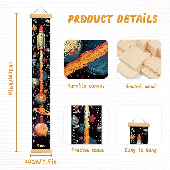Personalized Name Growth Chart Wall Decor for Kids – Canvas Removable Height Chart Measuring Ruler 59" x 7.9" (Rocket)-Ruum Studio Home
