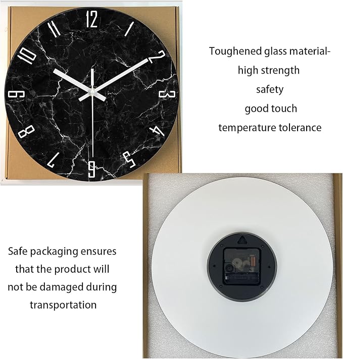 Black Minimalist Wall Clocks for Living Room Glass Marble Pattern Wall Clocks Battery Operated 12 Inch Abstract Wall Clock Non Ticking-Ruum Studio Home