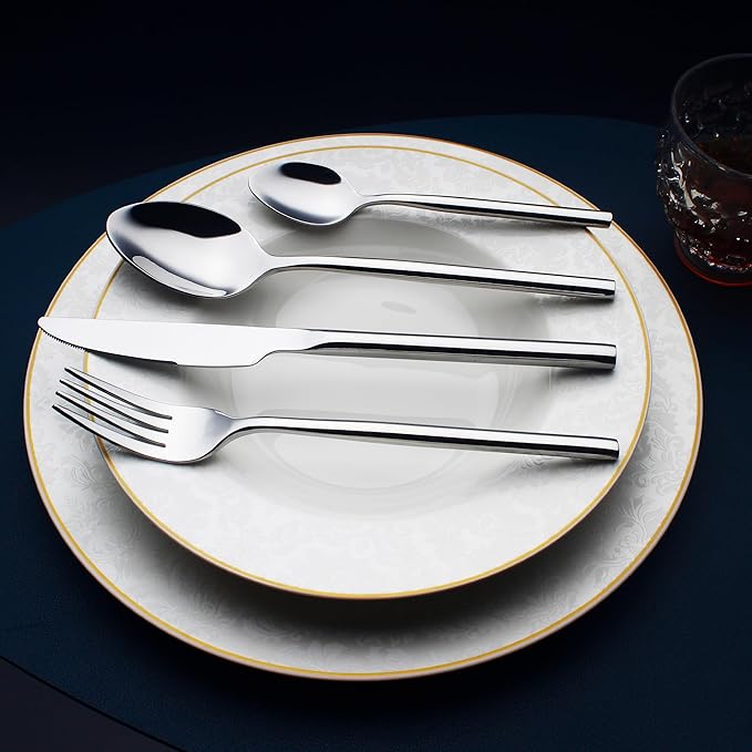 24 Piece Silverware Set For 6 Heavy duty 18/10 Stainless Steel Flatware Set Modern Design Knife/Fork/Spoon Mirror Polished Dishwasher Safe Cutlery Set with Gifts-Ruum Studio Home